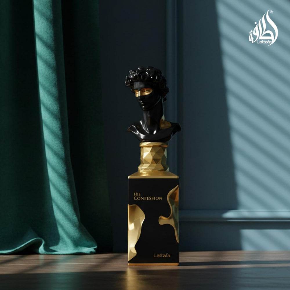 Lattafa His Confession bottle captured beside a desk for a refined, premium feel.