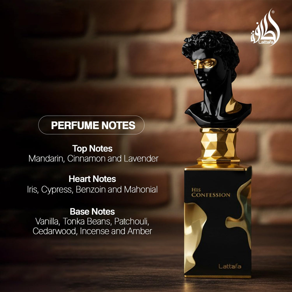 Lattafa His Confession heart notes add depth for evening elegance.