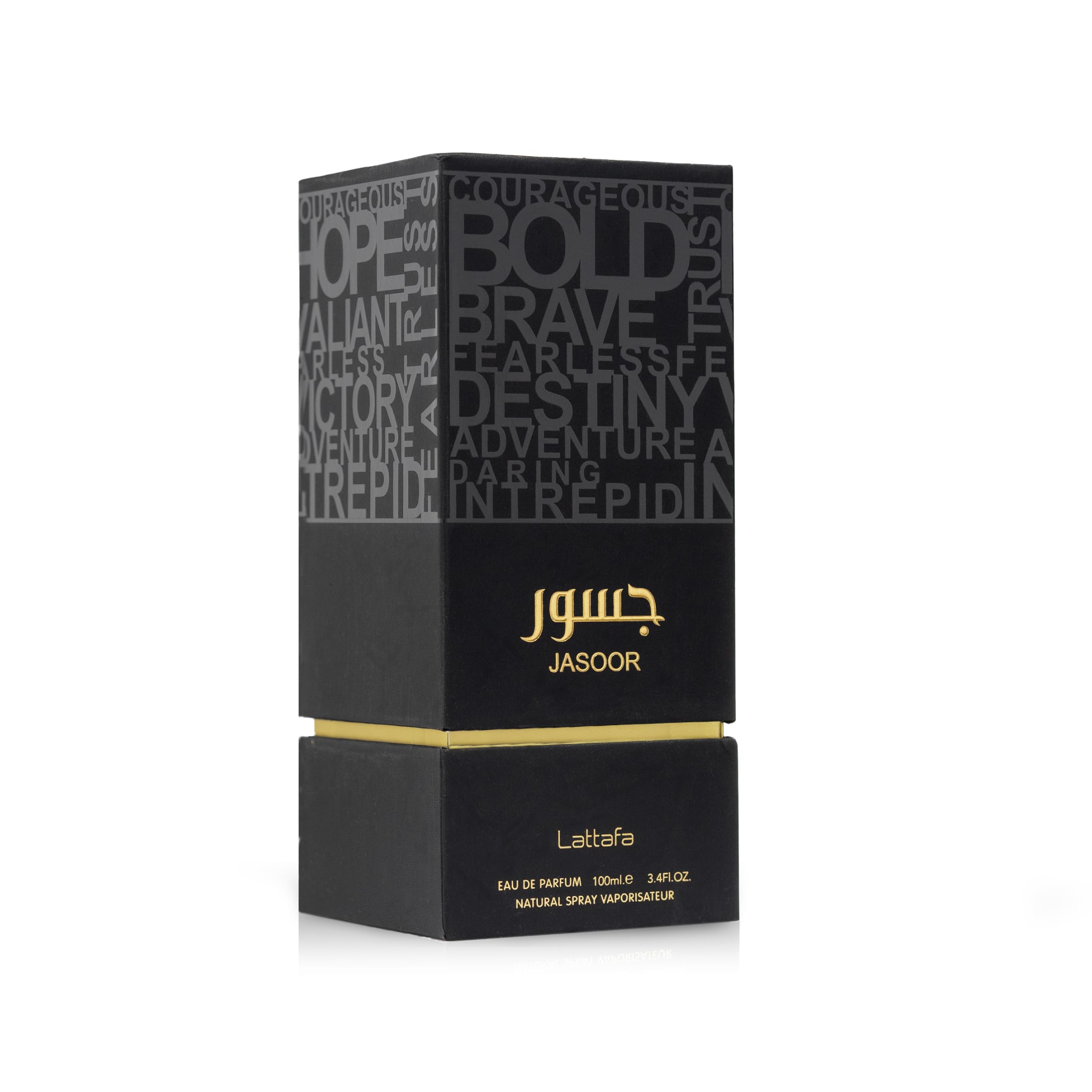 Lattafa Jasoor 3.4-ounce bottle on vanity for easy reapplication.