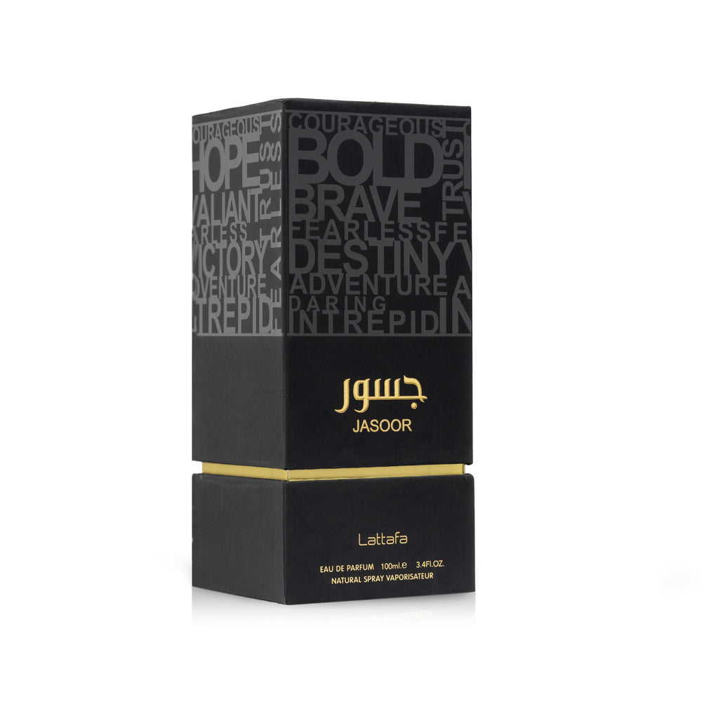 Lattafa Jasoor 3.4-ounce bottle on vanity for easy reapplication.