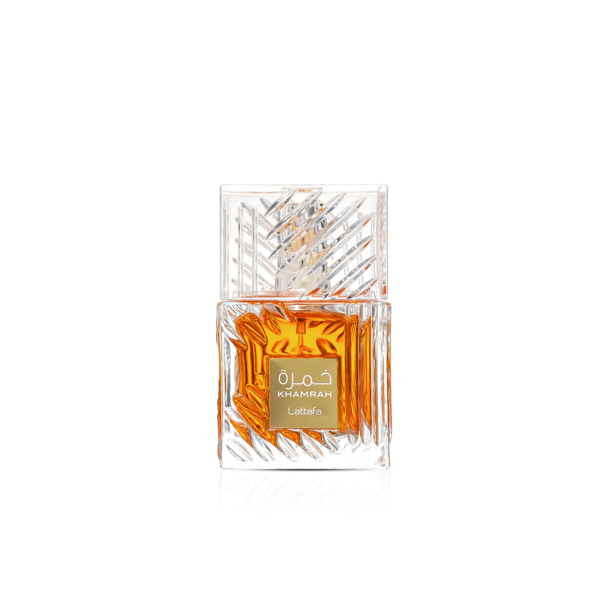 Lattafa Khamrah bottle closeup showing spicy vanilla notes for evening wear