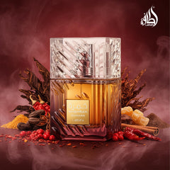 Lattafa Khamrah Dukhan base notes bottle emphasizes tobacco and amber for confident wear.