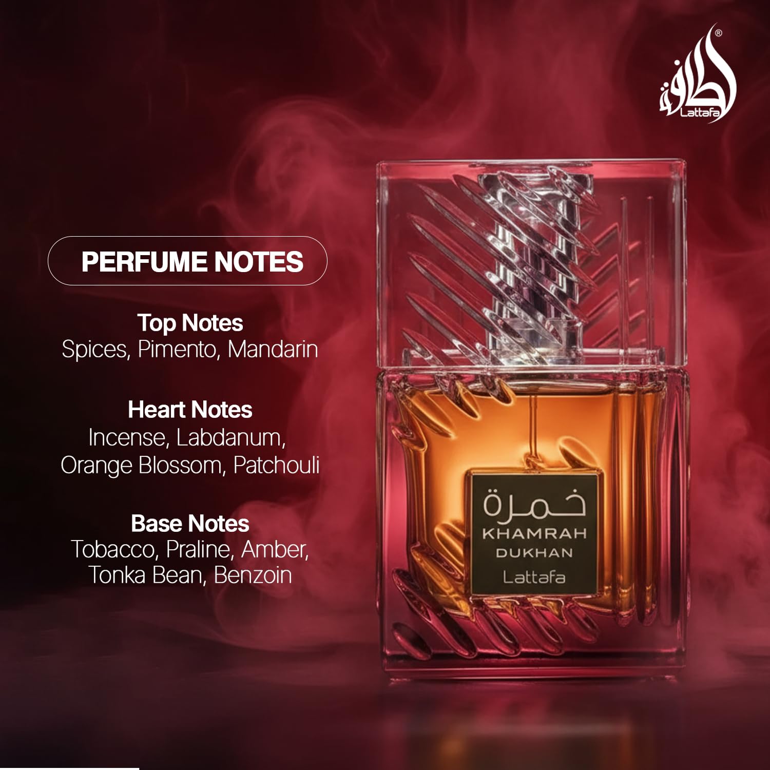 Lattafa Khamrah Dukhan bottle reveals middle notes for a warm evening scent.