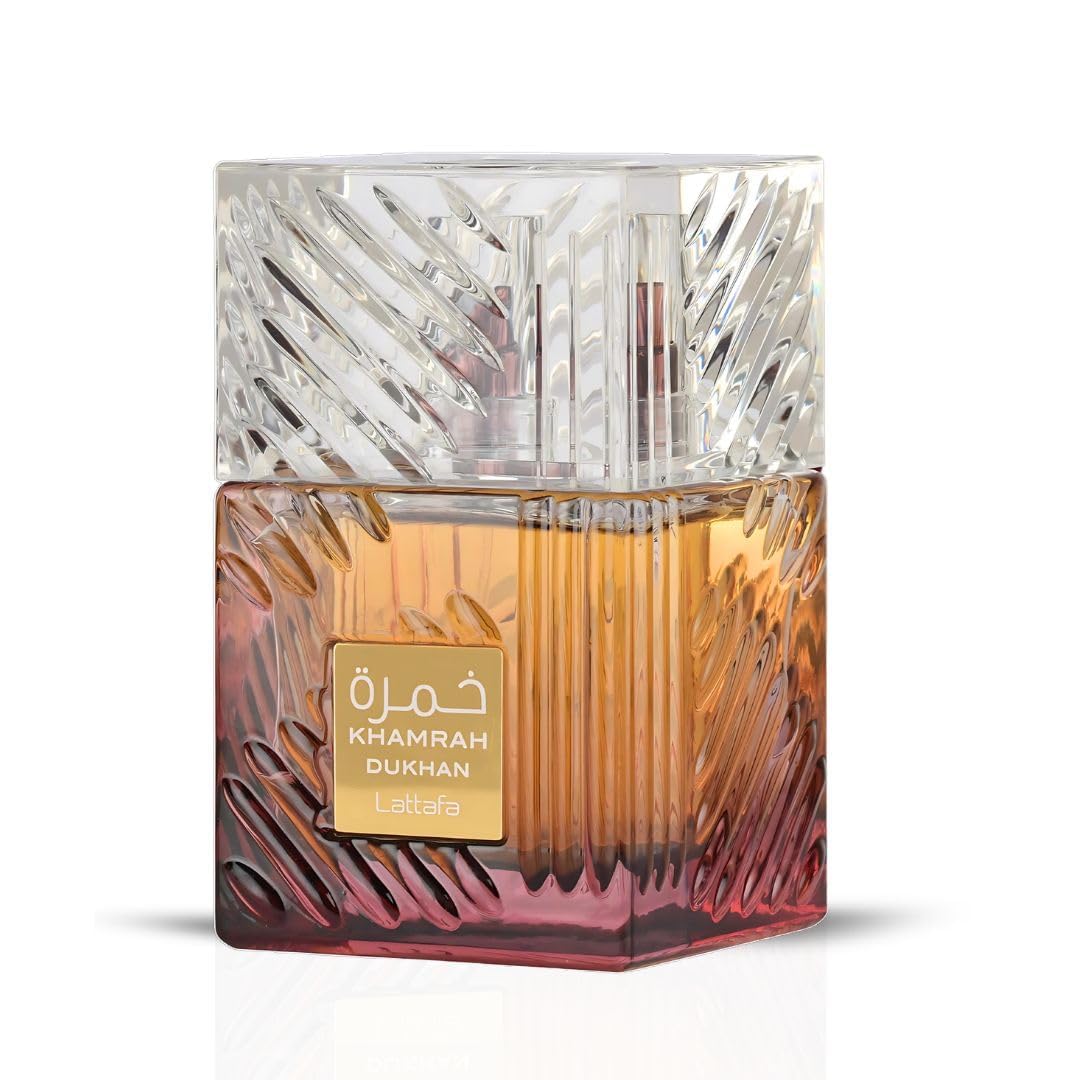 Lattafa Khamrah Dukhan bottle on display signals premium unisex fragrance for versatile daily wear.