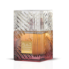 Lattafa Khamrah Dukhan bottle on display signals premium unisex fragrance for versatile daily wear.