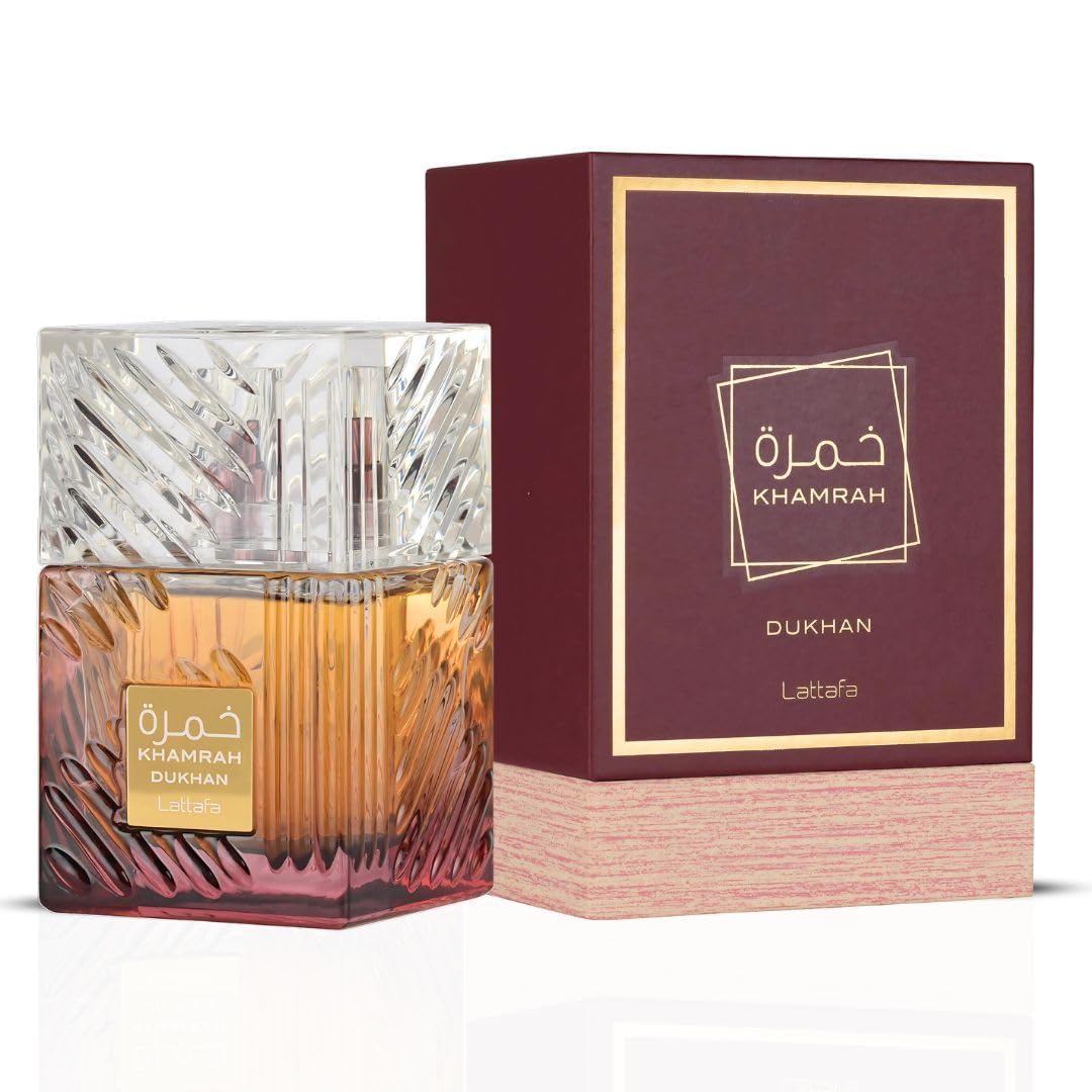 Lattafa Khamrah Dukhan bottle highlights top notes for daytime impression.