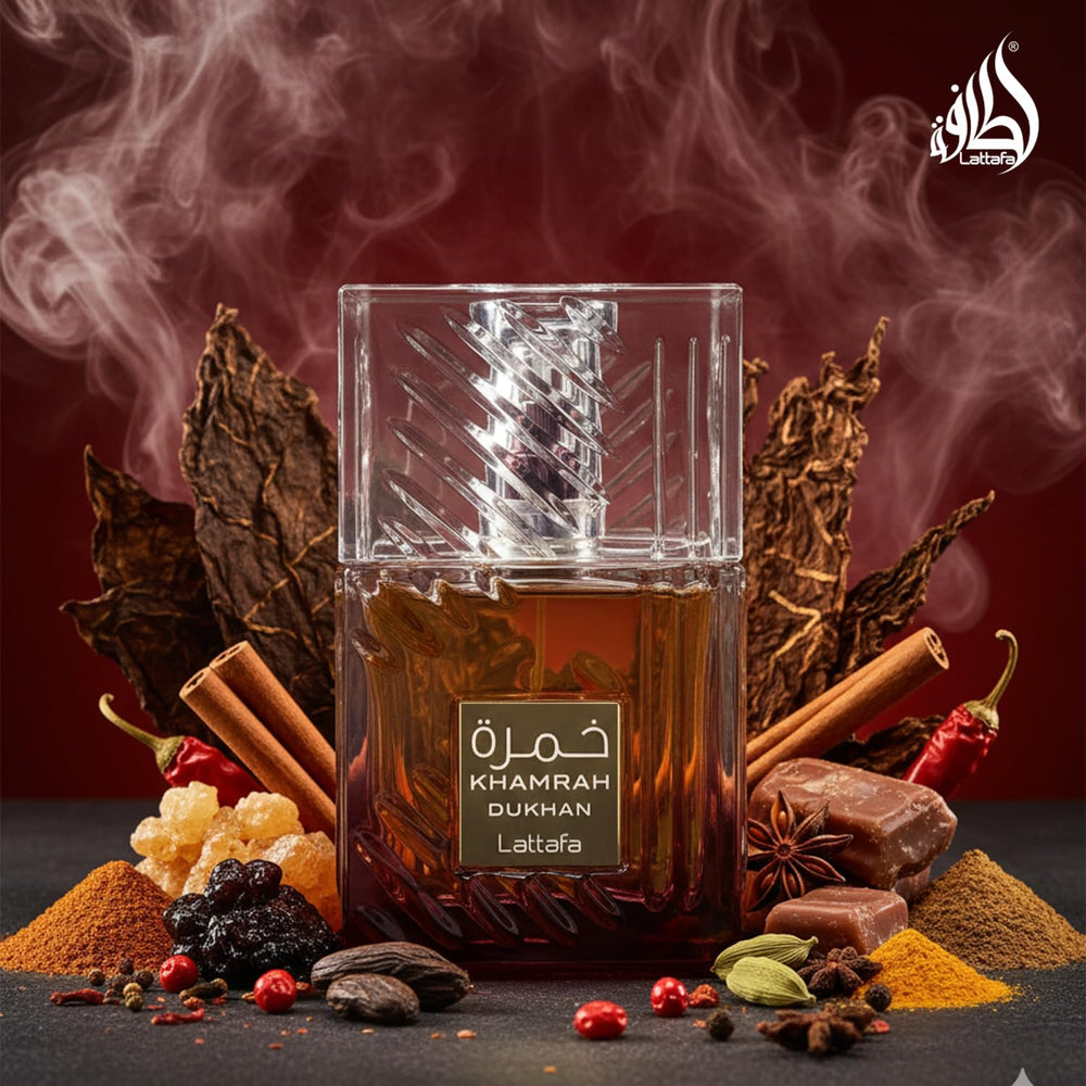 Lattafa Khamrah Dukhan outer label signals amber-spice mood for gourmand evenings.