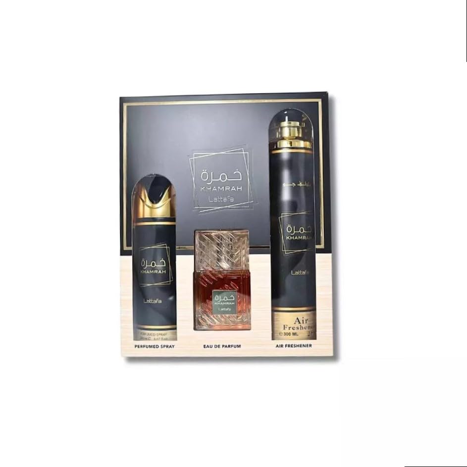 Lattafa Khamrah trio on display; shows versatile personal and home fragrance options.