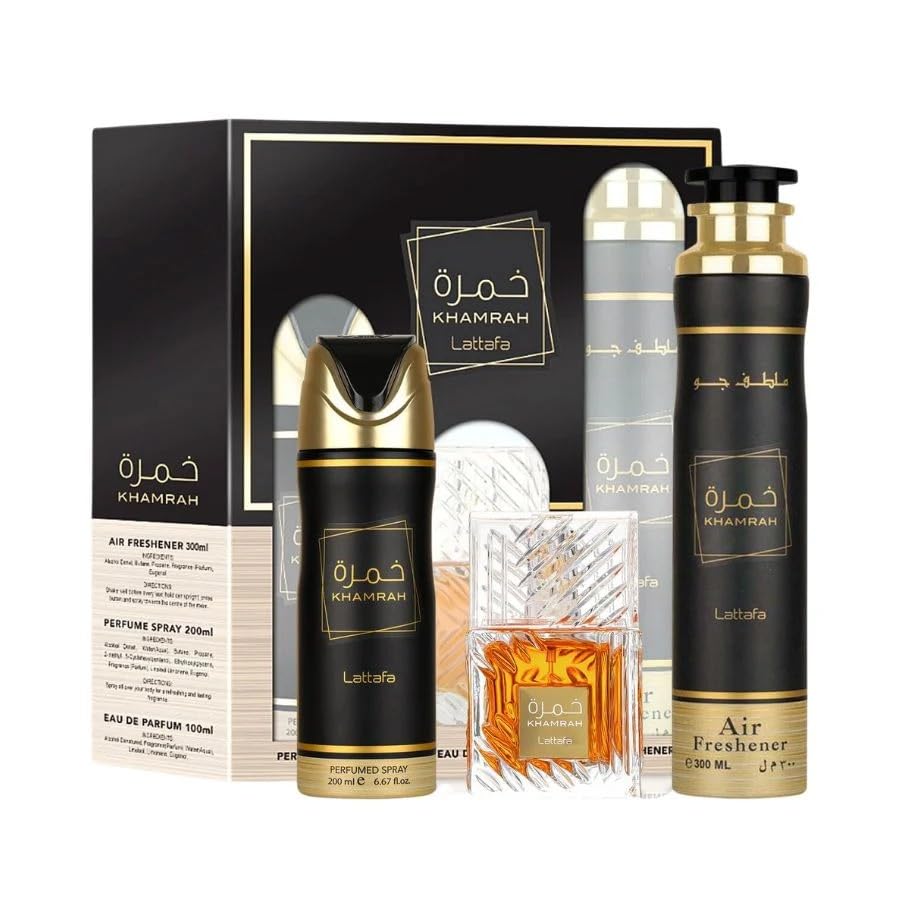 Lattafa Khamrah gift set box closeup; premium packaging for gifting.