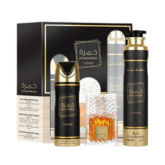 Lattafa Khamrah gift set box closeup; premium packaging for gifting.