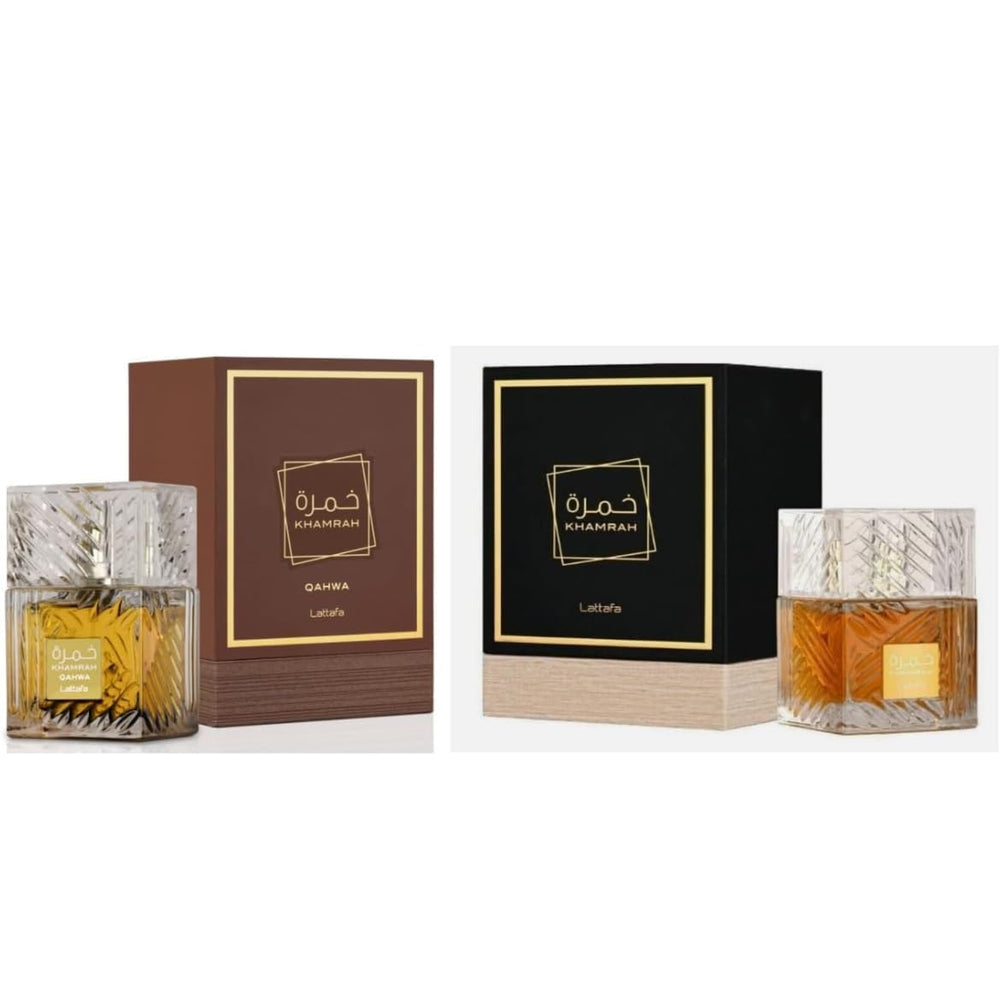 Lattafa Khamrah & Khamrah Qahwa EDP bottle showcases warm spices for daily sophistication and evening allure.