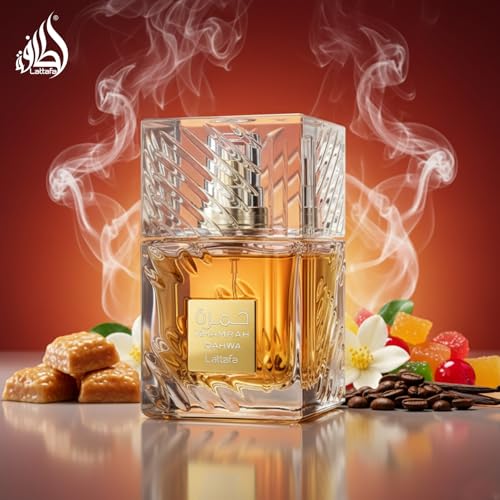 Lattafa Khamrah Qahwa bottle closeup highlights rich vanilla and coffee notes.