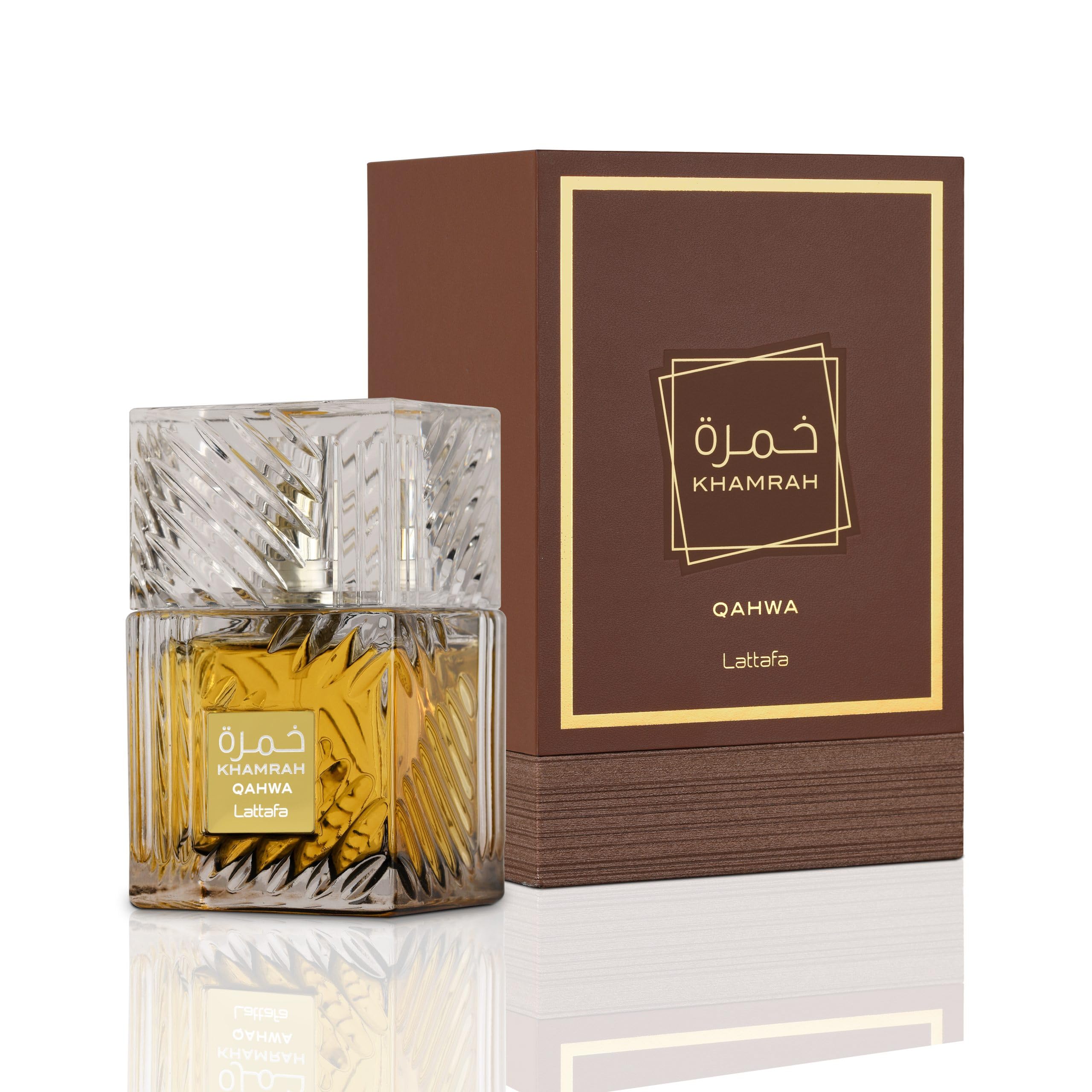 Lattafa Khamrah Qahwa packaging box presents premium unisex fragrance.