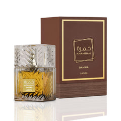 Lattafa Khamrah Qahwa packaging box presents premium unisex fragrance.