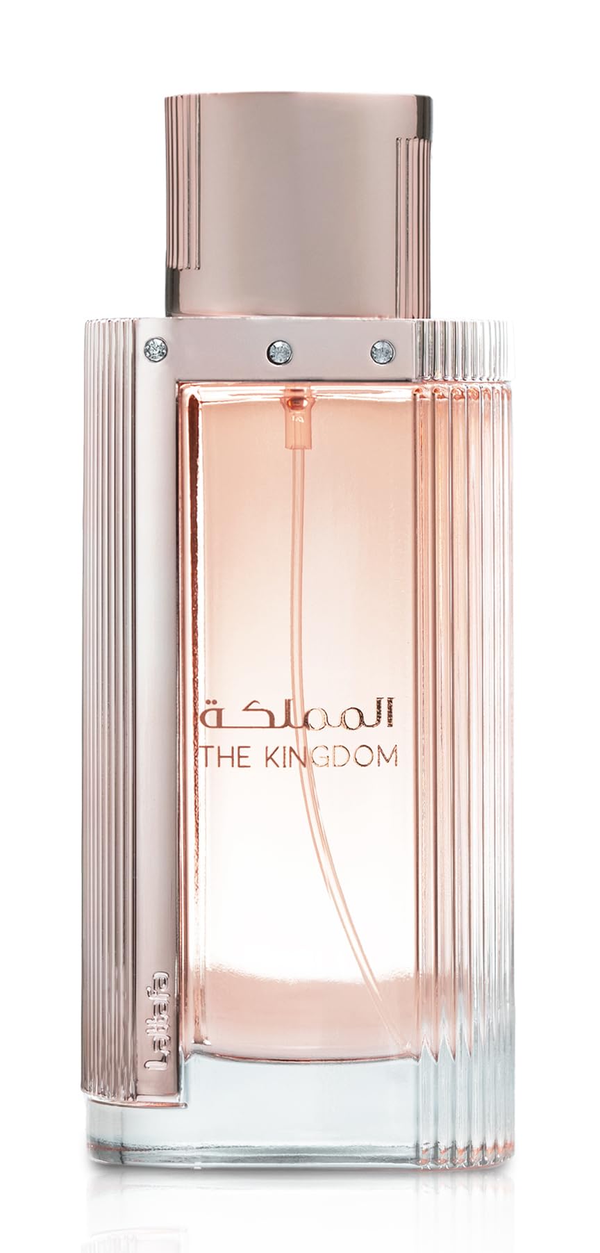 Lattafa The Kingdom EDP spray bottle close-up for lasting evening scent.