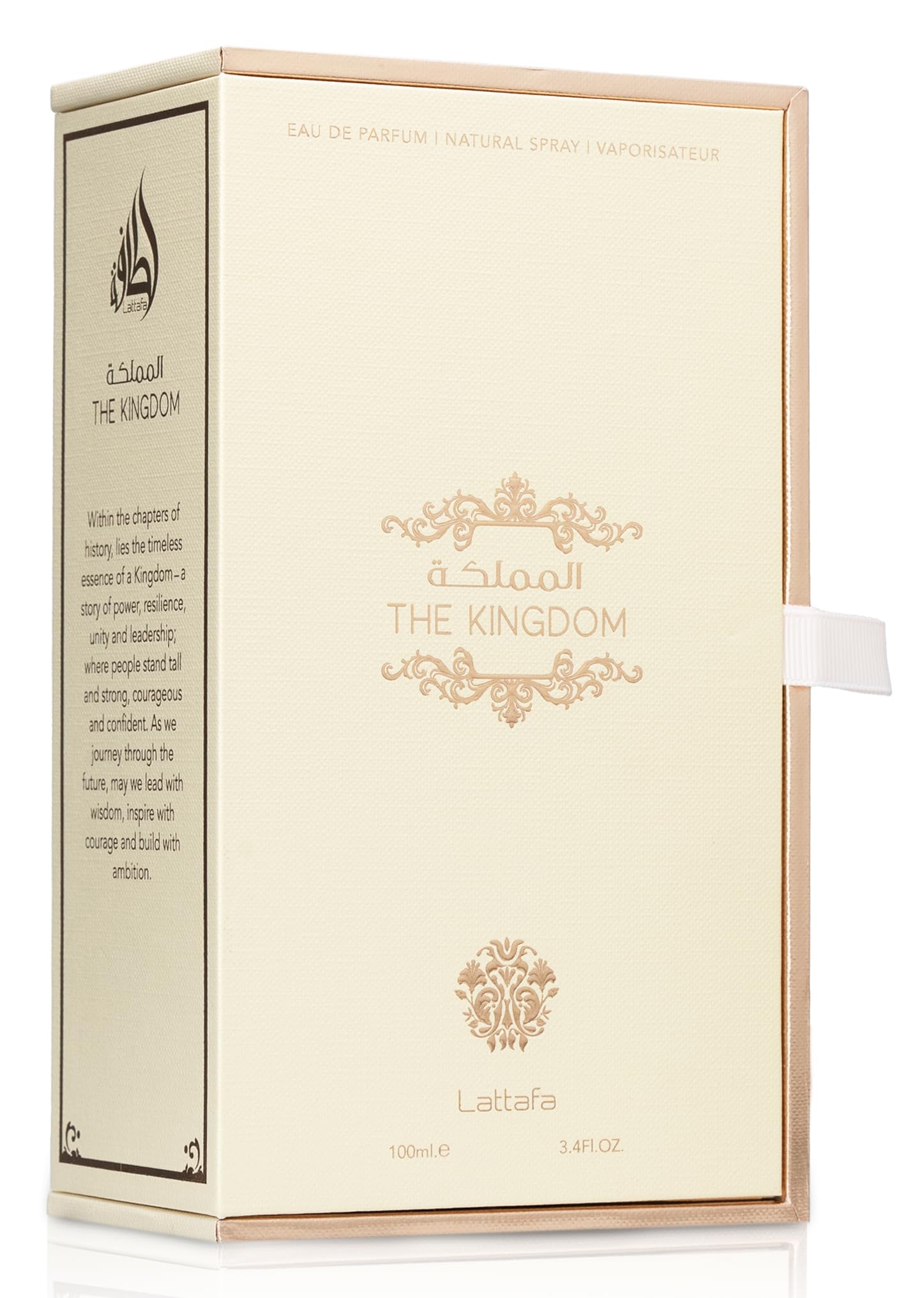 Lattafa The Kingdom fragrance-notes graphic showing vanilla, jasmine, musk.