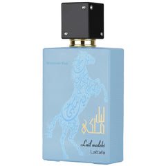 Lattafa Lail Maleki Moroccan Blue bottle front shows a bold, long-lasting unisex fragrance for evenings.