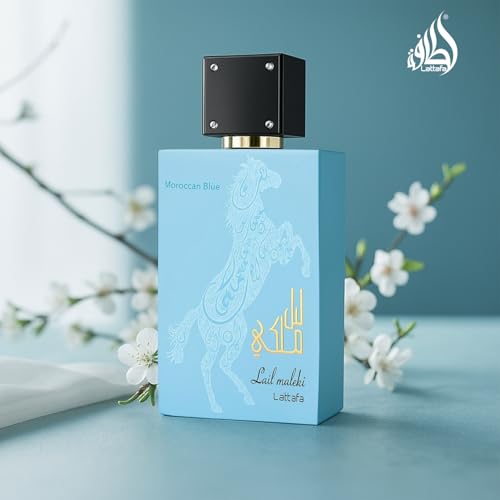 Lattafa Lail Maleki Moroccan Blue cap detail highlights elegant design for gifting and display.