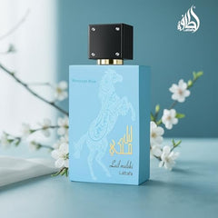 Lattafa Lail Maleki Moroccan Blue cap detail highlights elegant design for gifting and display.