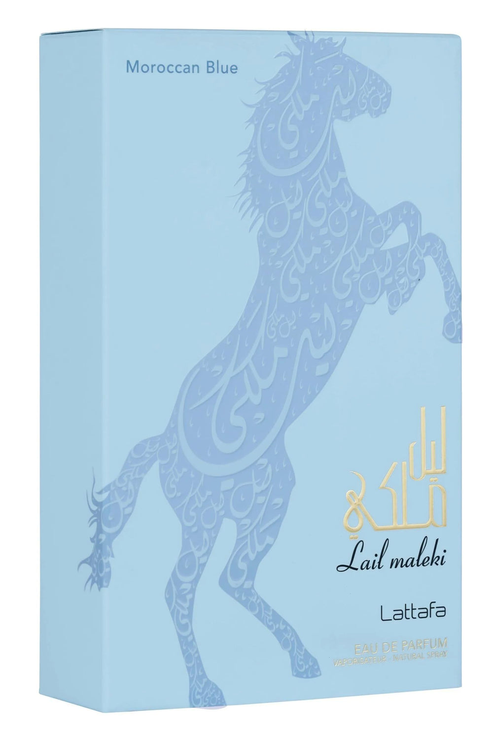 Lattafa Lail Maleki Moroccan Blue packaging box emphasizes premium presentation and unboxing experience.