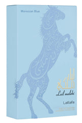 Lattafa Lail Maleki Moroccan Blue packaging box emphasizes premium presentation and unboxing experience.