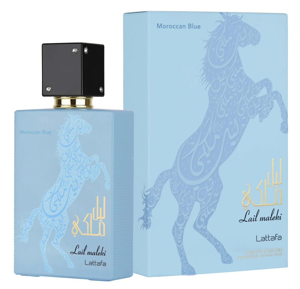 Lattafa Lail Maleki Moroccan Blue spray action captures immediate scent release for special occasions.