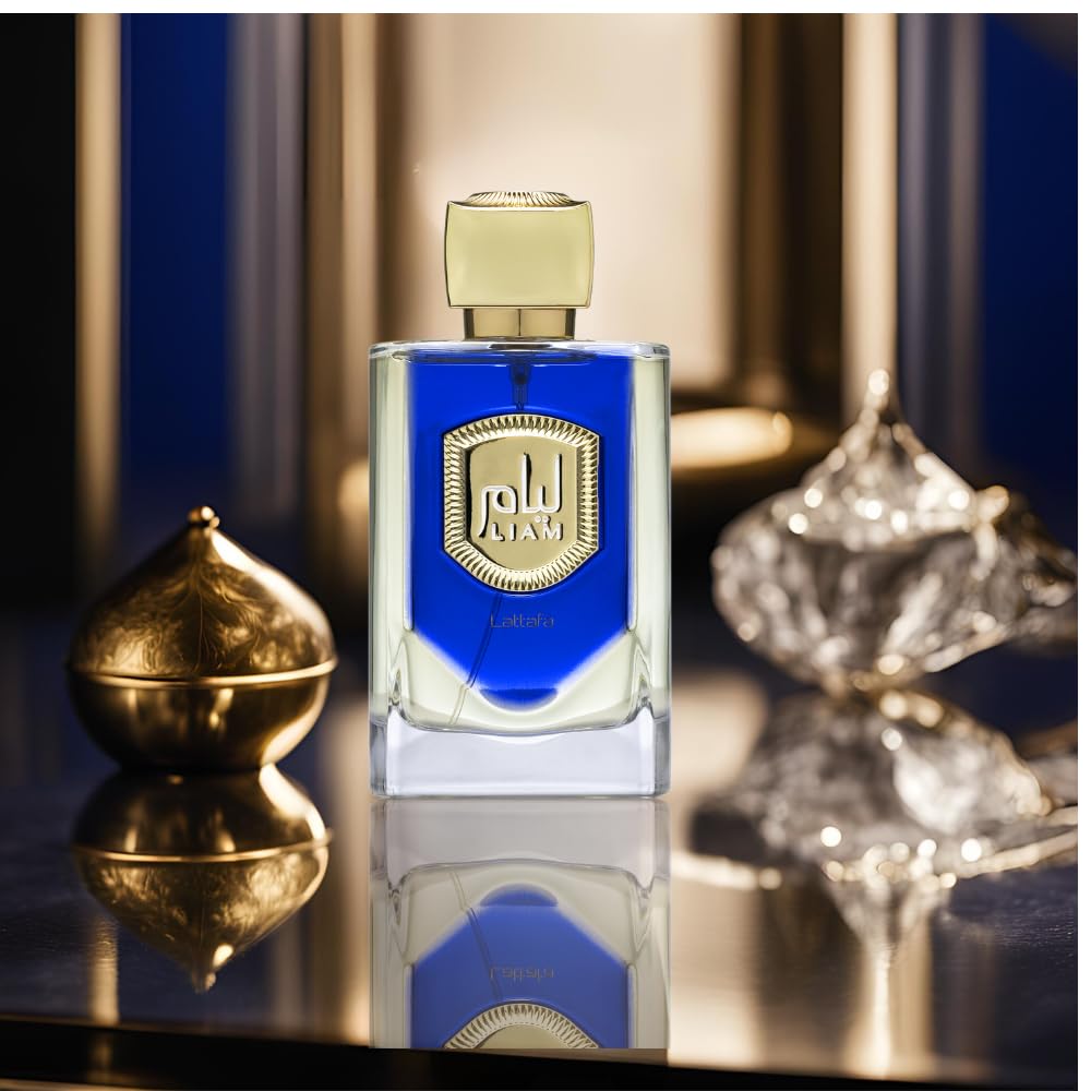 Lattafa Liam Blue Shine base notes of amber, patchouli and musk