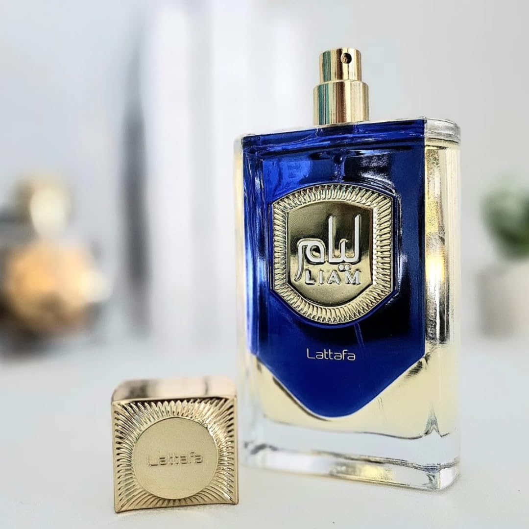 Lattafa Liam Blue Shine bottle cap seen in premium packaging for gifting.