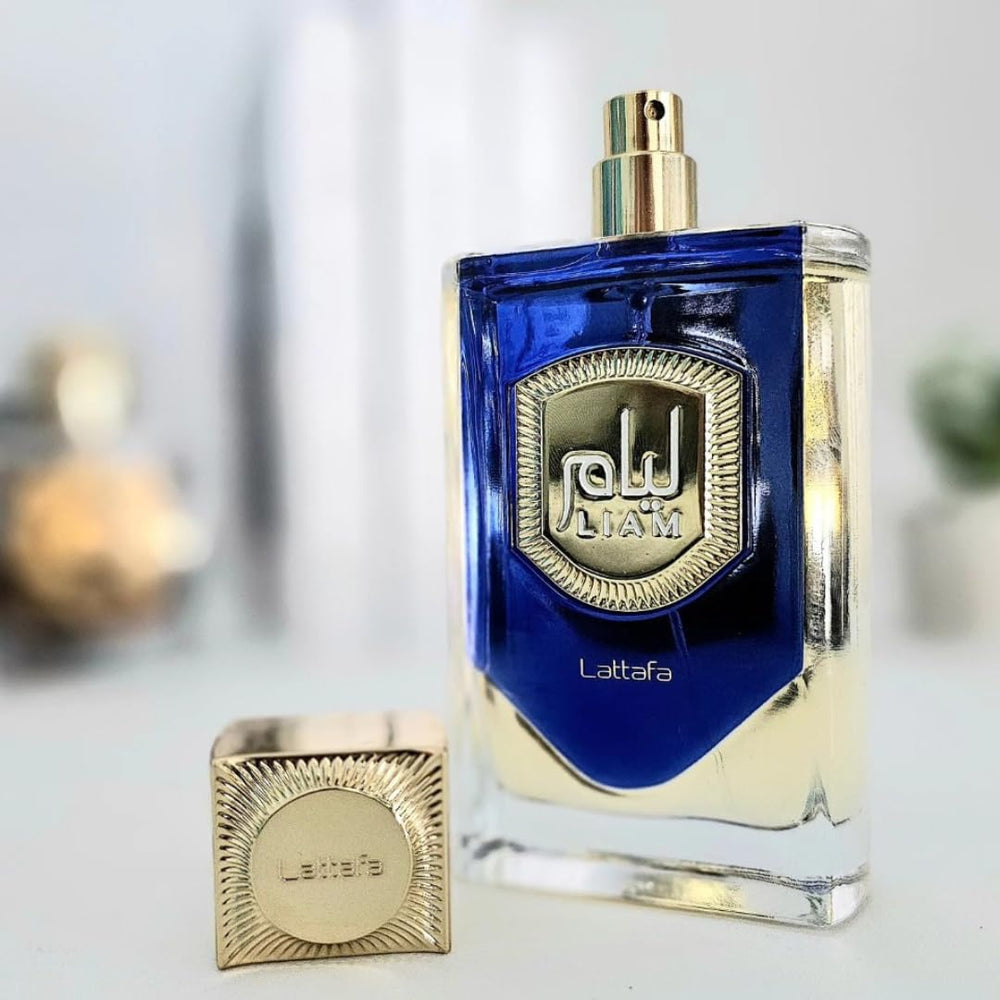 Lattafa Liam Blue Shine bottle cap seen in premium packaging for gifting.