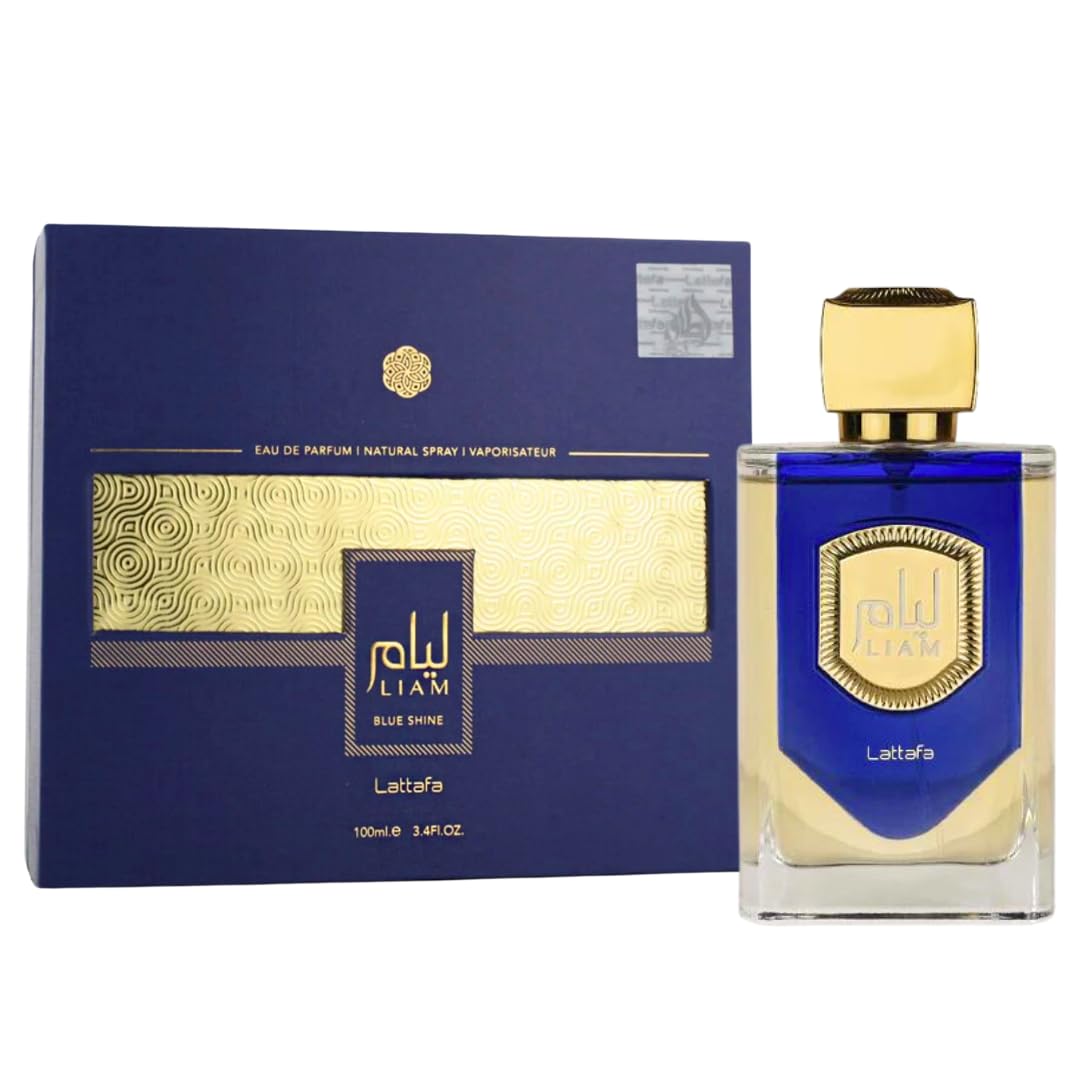 Lattafa Liam Blue Shine bottle front highlighting confident everyday style.