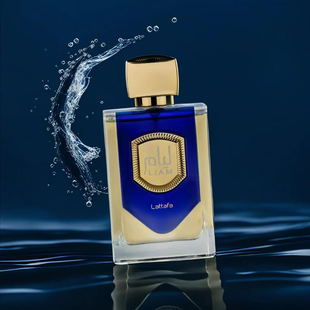 Lattafa Liam Blue Shine packaging box suggests luxury gifting and celebration.