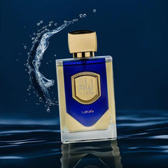 Lattafa Liam Blue Shine packaging box suggests luxury gifting and celebration.