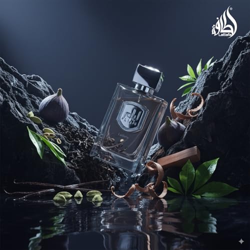 Lattafa Liam Grey ambient scene, elegant bottle on a dresser.
