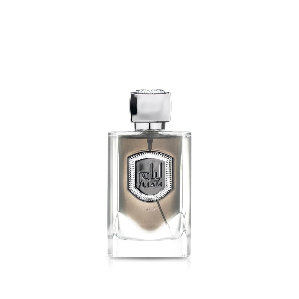 Lattafa Liam Grey bottle on a vanity, versatile unisex fragrance for everyday wear.