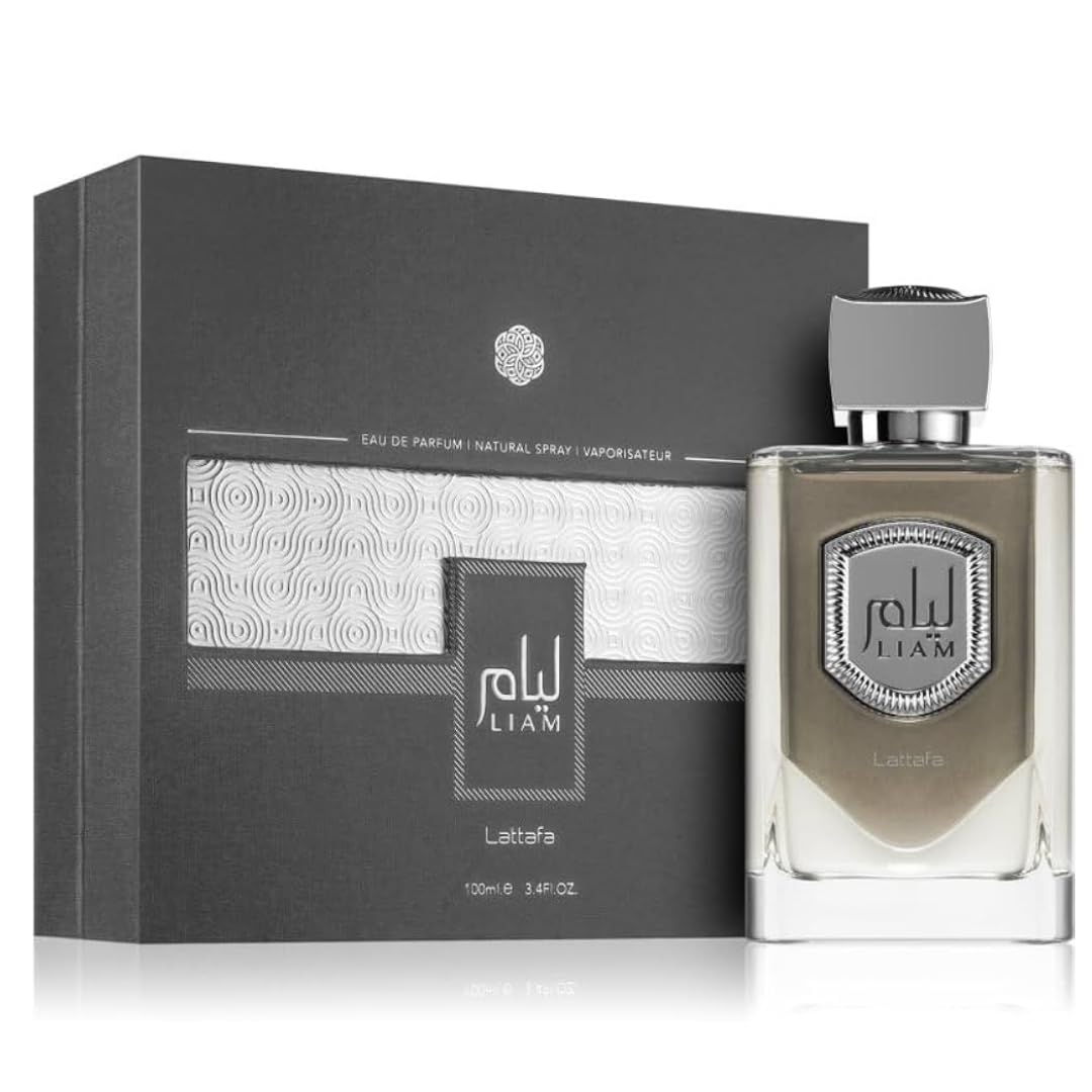 Lattafa Liam Grey bottle front view evokes versatile unisex elegance for daily wear.