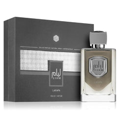 Lattafa Liam Grey bottle front view evokes versatile unisex elegance for daily wear.