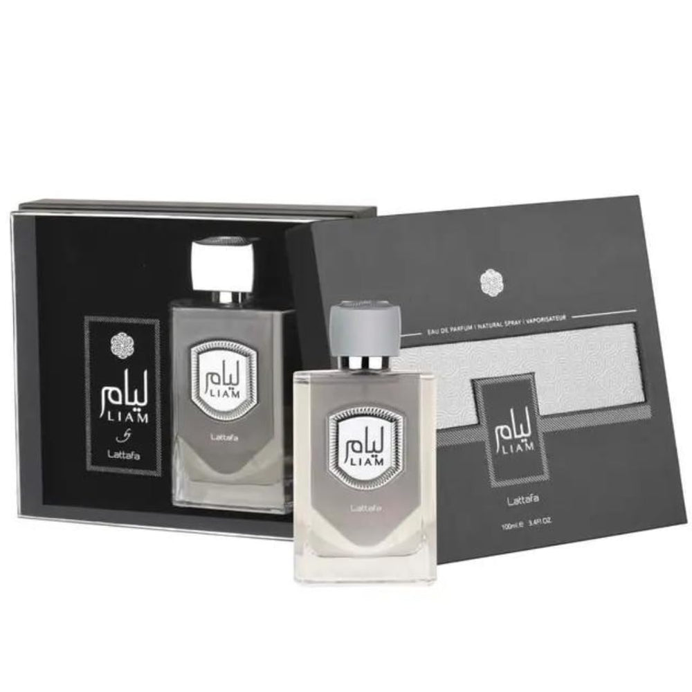 Lattafa Liam Grey packaging box scene communicates luxury gifting potential and travel-friendly size.