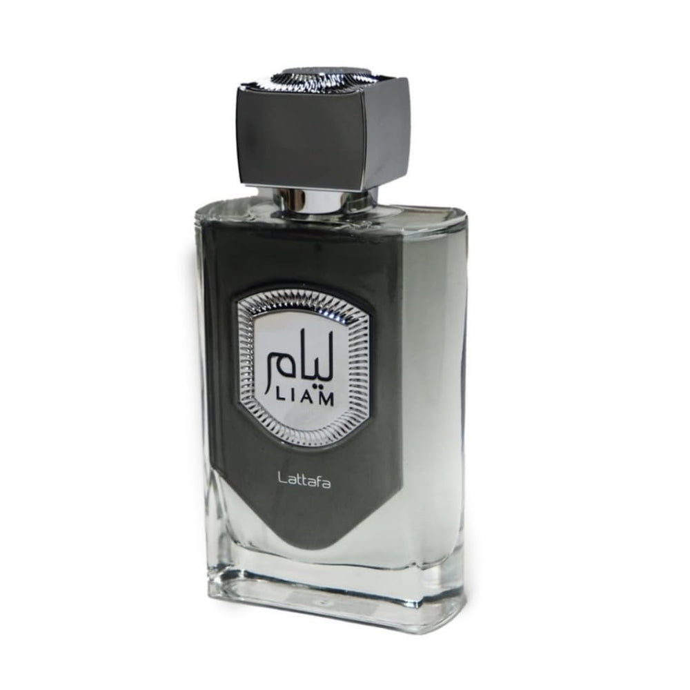 Lattafa Liam Grey vanilla-sandalwood base showcases lasting warmth for intimate moments.