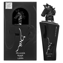 Lattafa Maahir Black Edition bottle front shows woody amber profile for unisex wear.