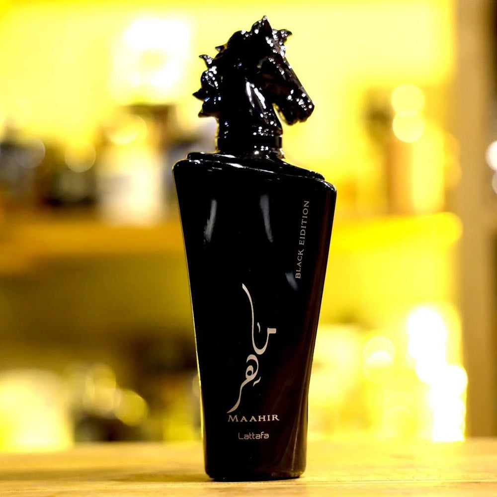 Lattafa Maahir Black Edition box emphasizes gifting-worthy presentation and elegance.