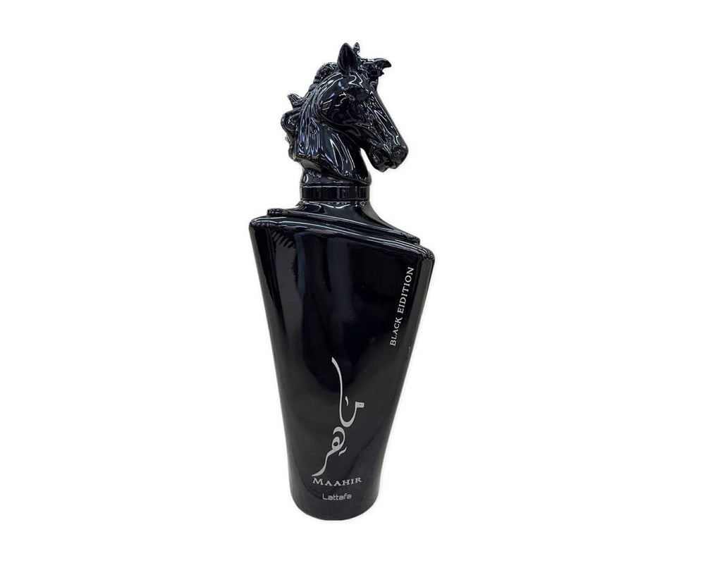 Lattafa Maahir Black Edition notes image showcases oud, amber, and spices.