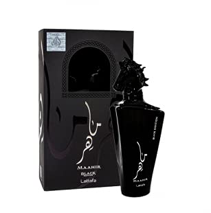 Lattafa Maahir Black Edition spray-bottle image demonstrates easy application and even mist.