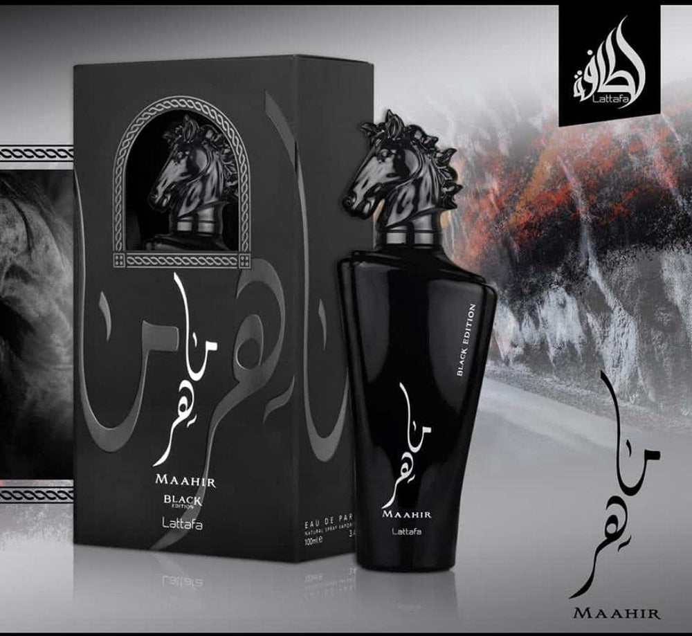 Lattafa Maahir Black Edition woody-amber-profile image conveys versatile unisex appeal.