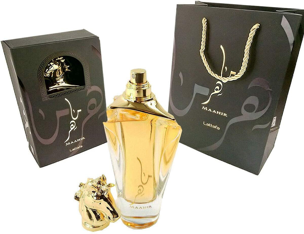 Lattafa Maahir sandalwood-musk base image signals lasting warmth and smooth sillage.