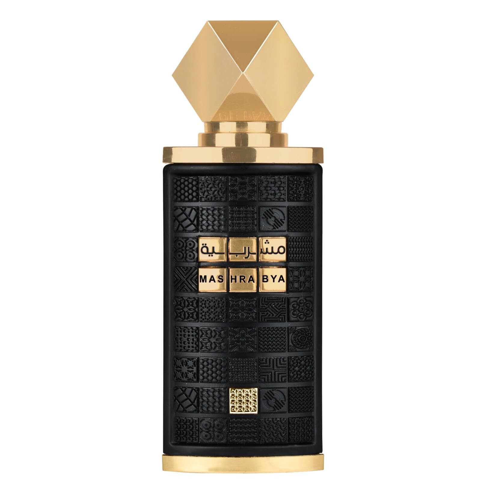Lattafa Mashrabya bottle front view showcases elegant packaging and long-lasting appeal.