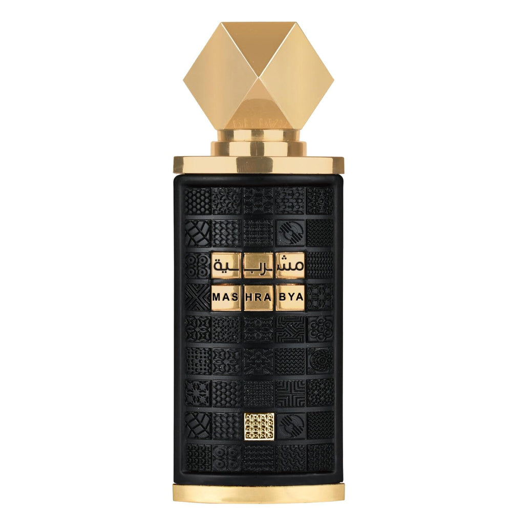 Lattafa Mashrabya bottle front view showcases elegant packaging and long-lasting appeal.