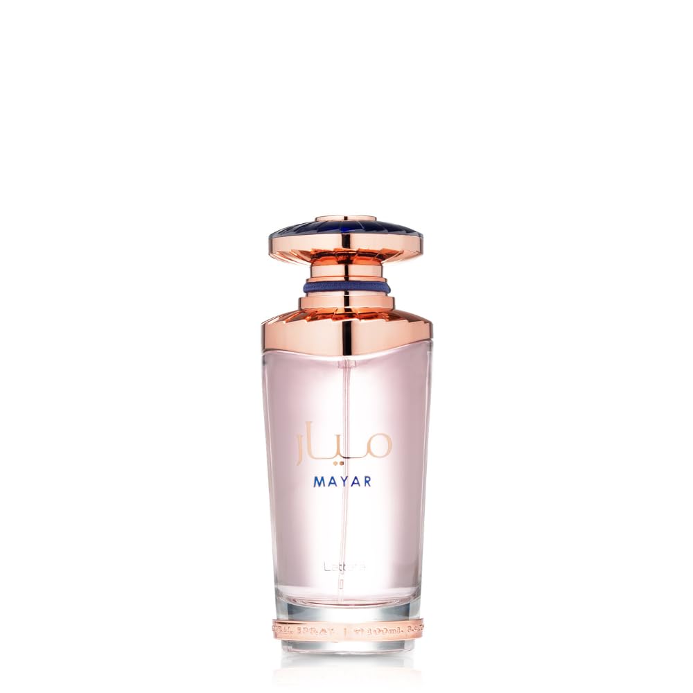 Lattafa Mayar bottle closeup, premium packaging ideal for gifting and daily elegance.