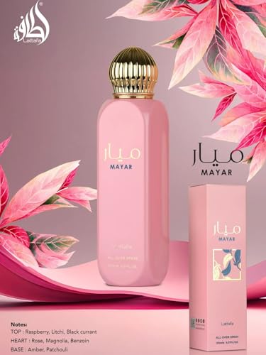 Lattafa Mayar fragrance mist spray emphasizes a light, long-lasting scent ideal for all-day wear.