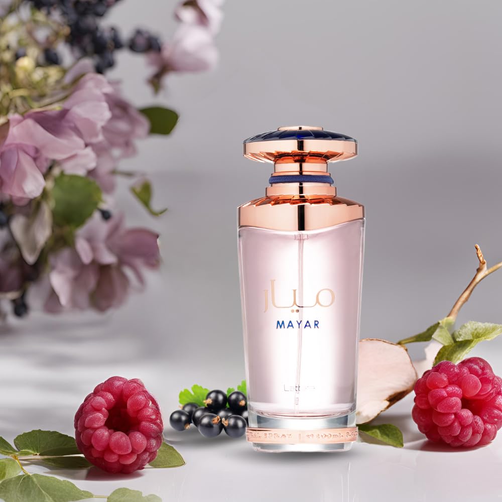 Lattafa Mayar lifestyle shot, elegant everyday fragrance idea for professional or social events.