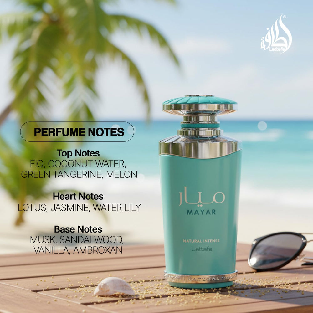 Lattafa Mayar Natural Intense middle notes of water lily, jasmine, lotus create delicate floral core